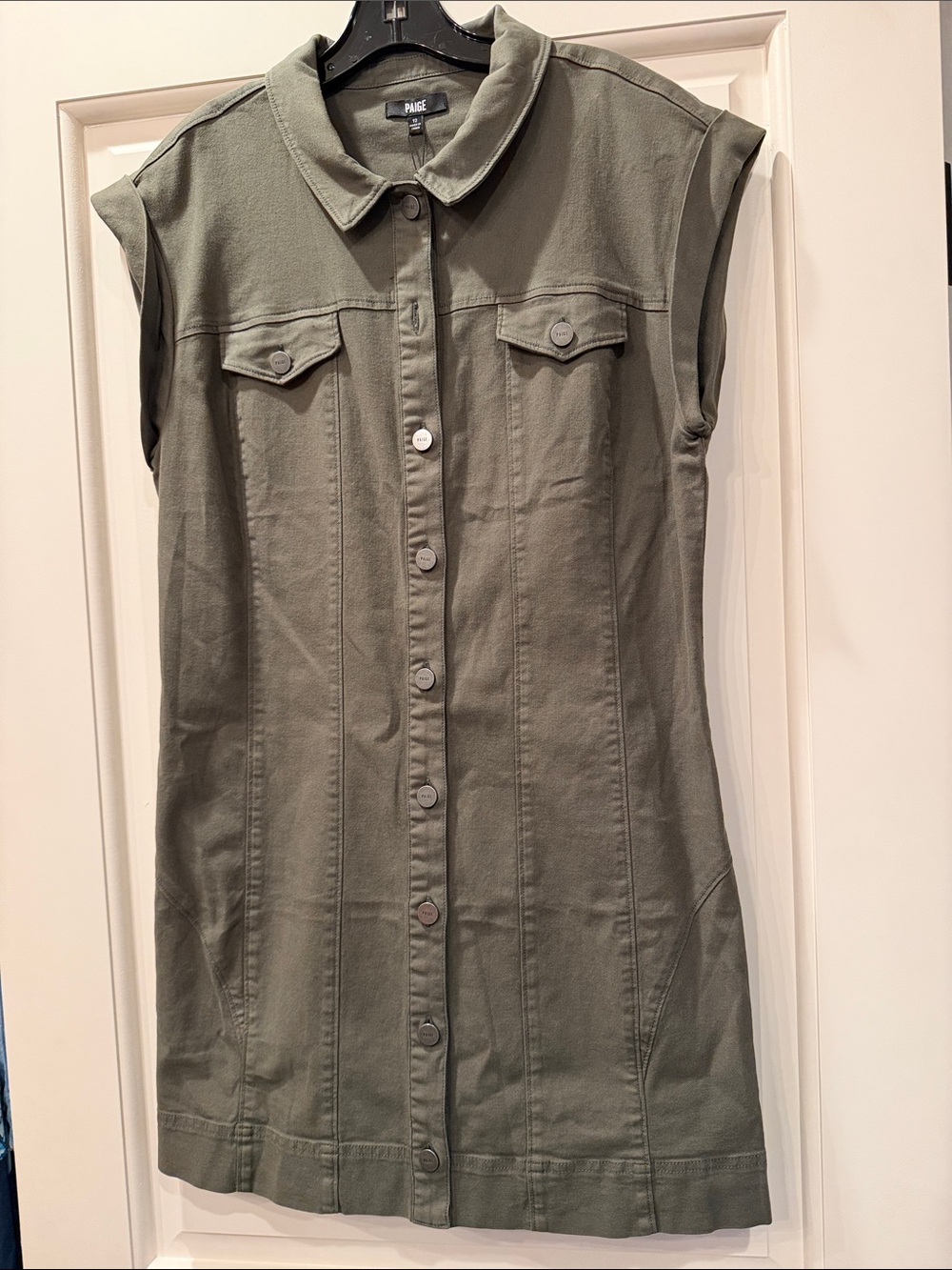 PAIGE Olive Green Sleeveless Button-Front Shirt Dress